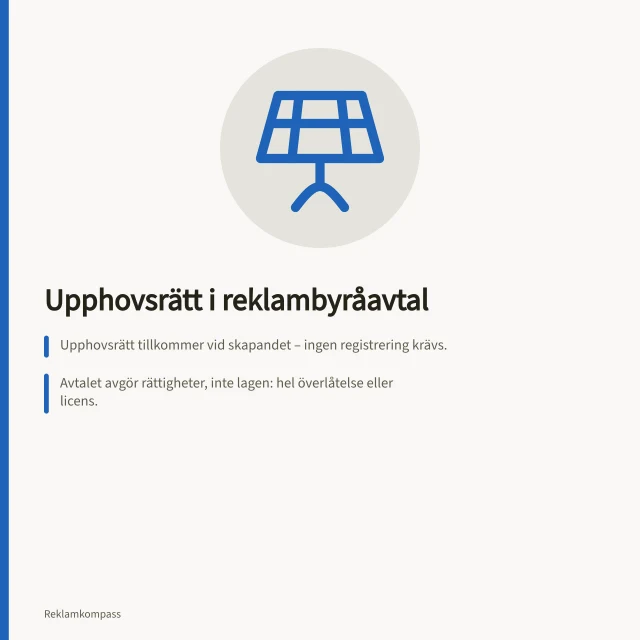 Upphovsrätt i reklambyråavtal: Upphovsrätt tillkommer vid skapandet – ingen registrering krävs.; Avtalet avgör rättigheter, inte lagen: hel överlåtelse eller licens.; Anställda ger hela upphovsrätten till arbetsgivare enligt 40 a § upphovsrättslagen. Avtal med reklambyrå: vad bör reglera upphovsrätt och data?