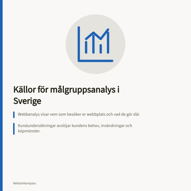 Källor för målgruppsanalys i Sverige: Webbanalys visar vem som besöker er webbplats och vad de gör där.; Kundundersökningar avslöjar kundens behov, invändningar och köpmönster.; Mediemyndigheten undersöker 2026–2027 hur algoritmer påverkar yngre användare. Målgruppsanalys för svenska kampanjer: vilka källor kan du använda?