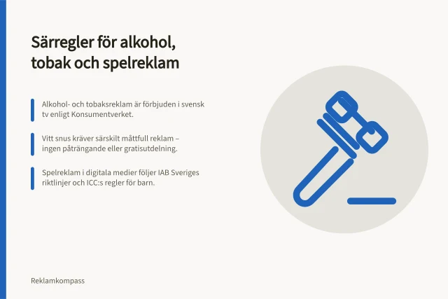 Särregler för alkohol, tobak och spelreklam: Alkohol- och tobaksreklam är förbjuden i svensk tv enligt Konsumentverket.; Vitt snus kräver särskilt måttfull reklam – ingen påträngande eller gratisutdelning.; Spelreklam i digitala medier följer IAB Sveriges riktlinjer och ICC:s regler för barn. Specialregler för alkohol, tobak och spel: vad gäller i reklam?
